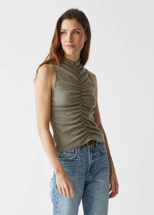 Michael Stars Monet Ruched Tank-Olive-Hand In Pocket
