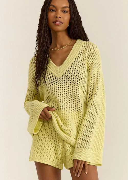 Z Supply Kiami Crochet Sweater- Limeade-Hand In Pocket