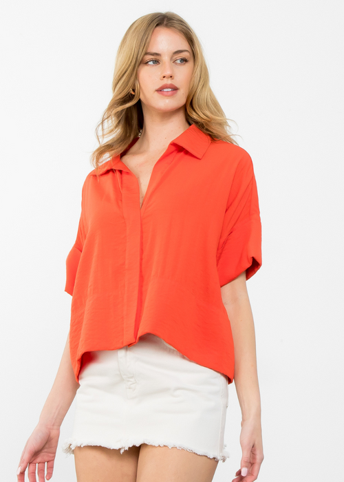THML Cassie Short Sleeve Button Up Top-Hand In Pocket