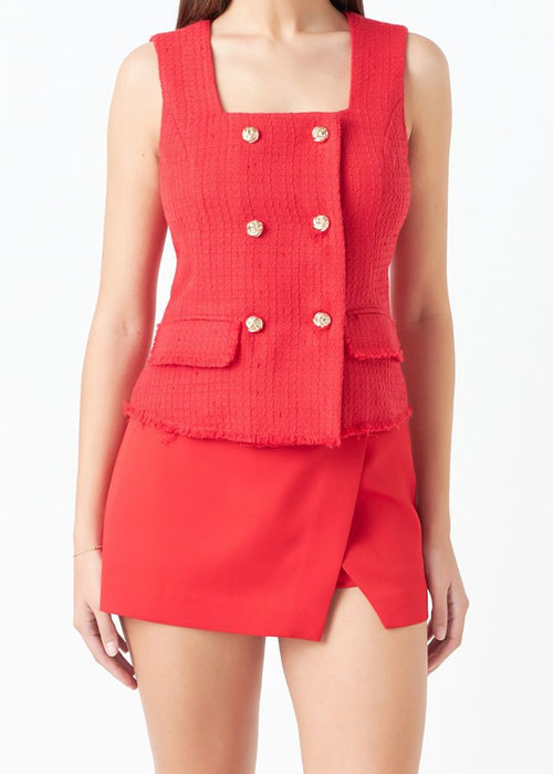 Bridgette Tweed Fringed Double Button Top- Red-Hand In Pocket
