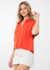 THML Cassie Short Sleeve Button Up Top-Hand In Pocket