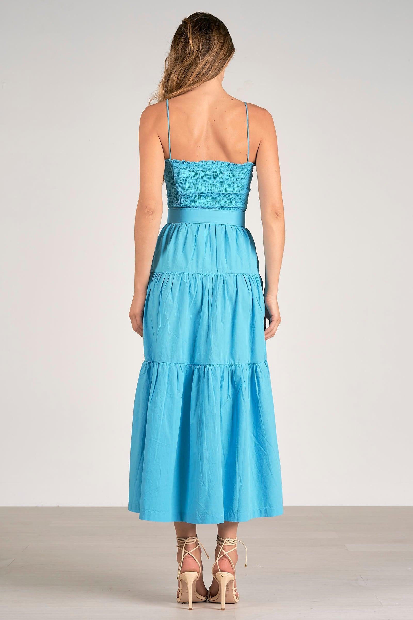 Elan Jillian Smocked Belted Maxi Dress- Azure-***FINAL SALE***-Hand In Pocket
