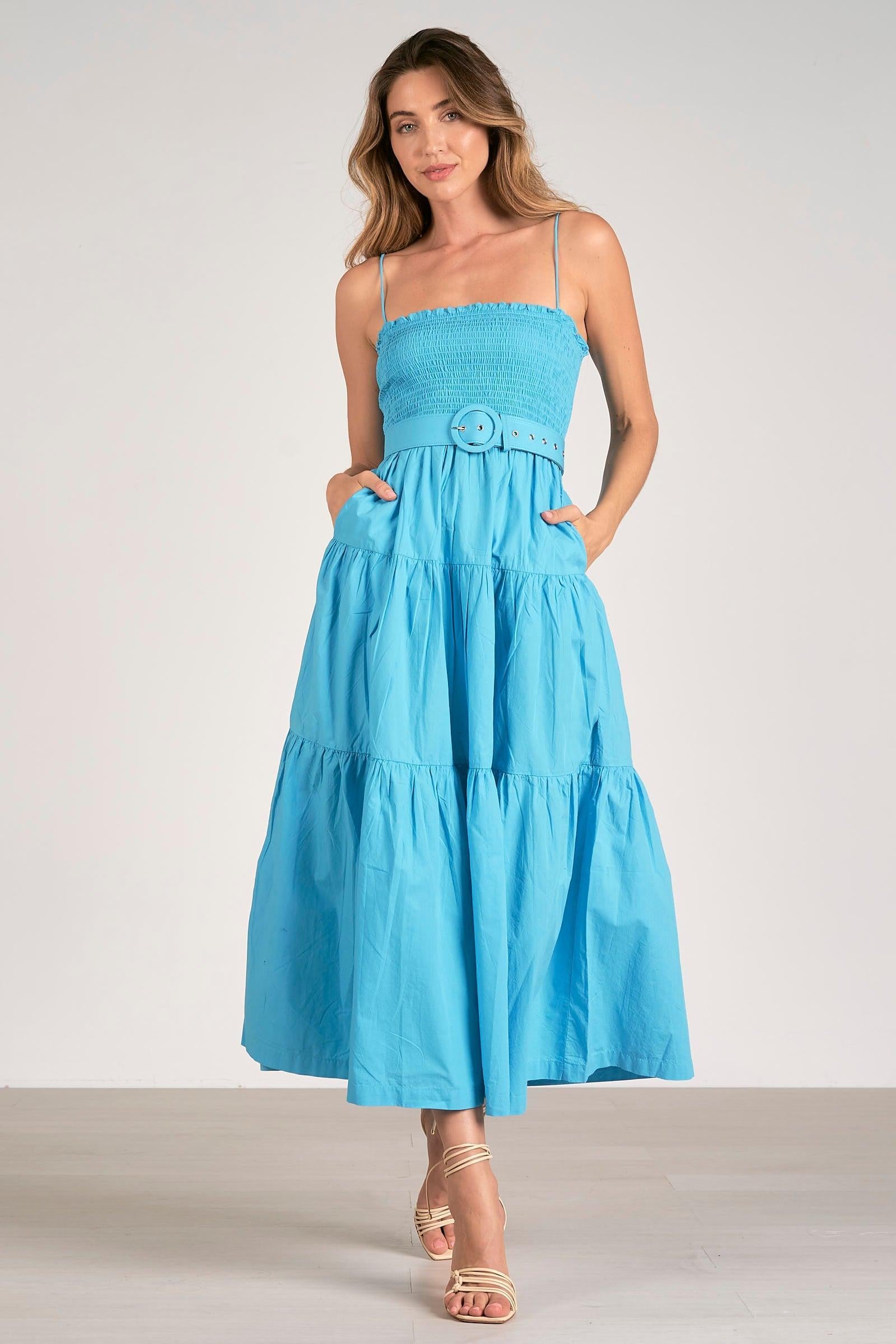 Elan Jillian Smocked Belted Maxi Dress- Azure-***FINAL SALE***-Hand In Pocket