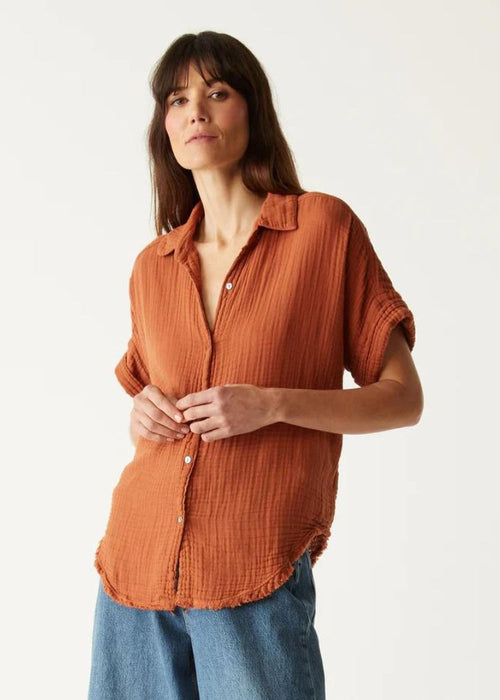 Michael Stars Bailey Gauze Button Down Shirt- Toffee-Hand In Pocket
