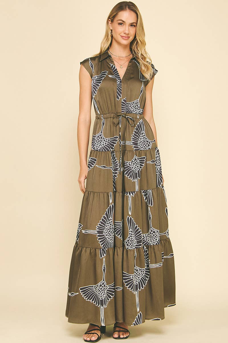 PRINT TIERED MAXI DRESS - 5176DC: MOCHA / S-Hand In Pocket