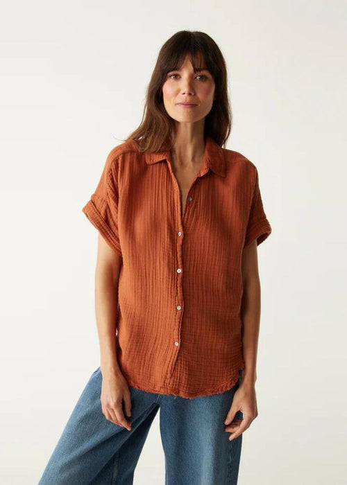 Michael Stars Bailey Gauze Button Down Shirt- Toffee-Hand In Pocket