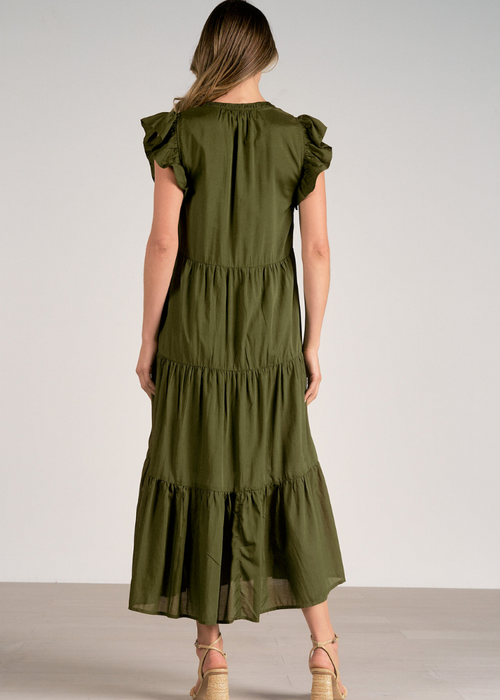 Elan Caroline Ruffle Sleeve Maxi Dress - Olive-Hand In Pocket