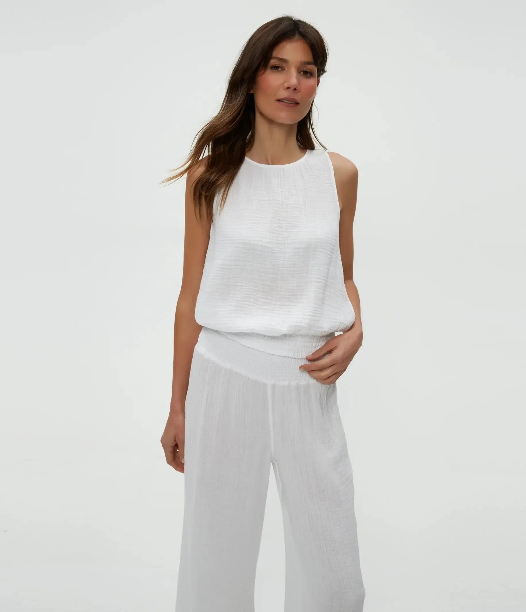 Michael Stars Janelle Tie Neck Tank-White-Hand In Pocket