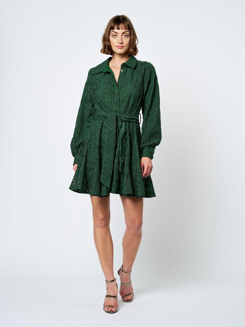 Ciebon Embroidered Lace Shirt Dress - Green-Hand In Pocket