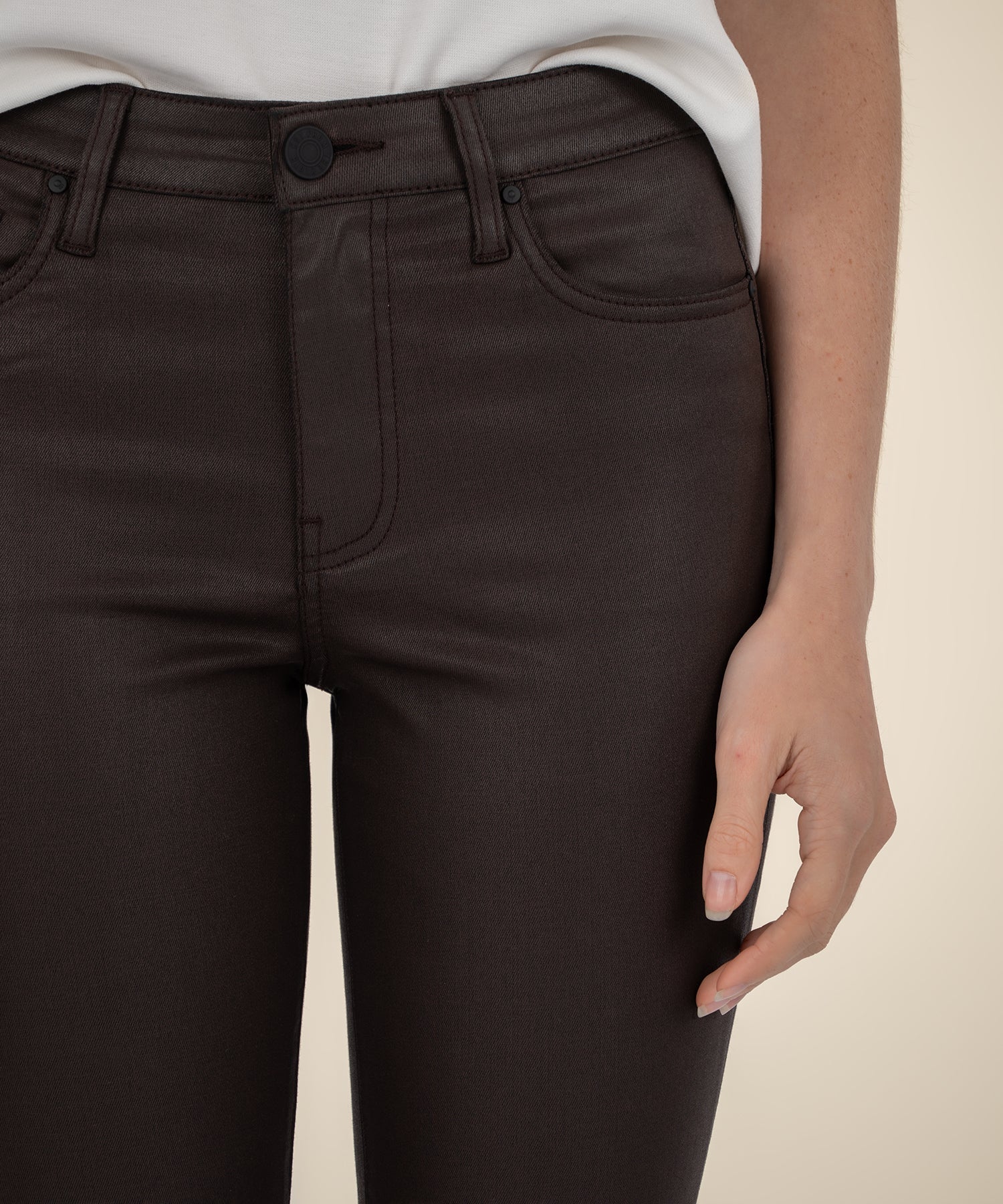 KUT Kelsey High Rise Ankle Flare- Chocolate-Hand In Pocket