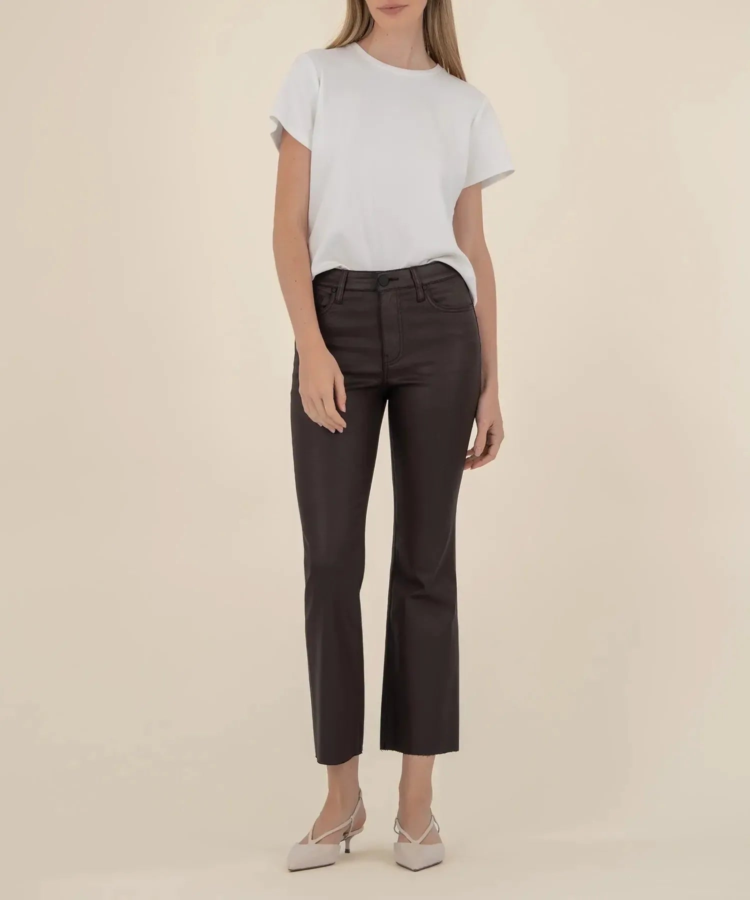KUT Kelsey High Rise Ankle Flare- Chocolate-Hand In Pocket