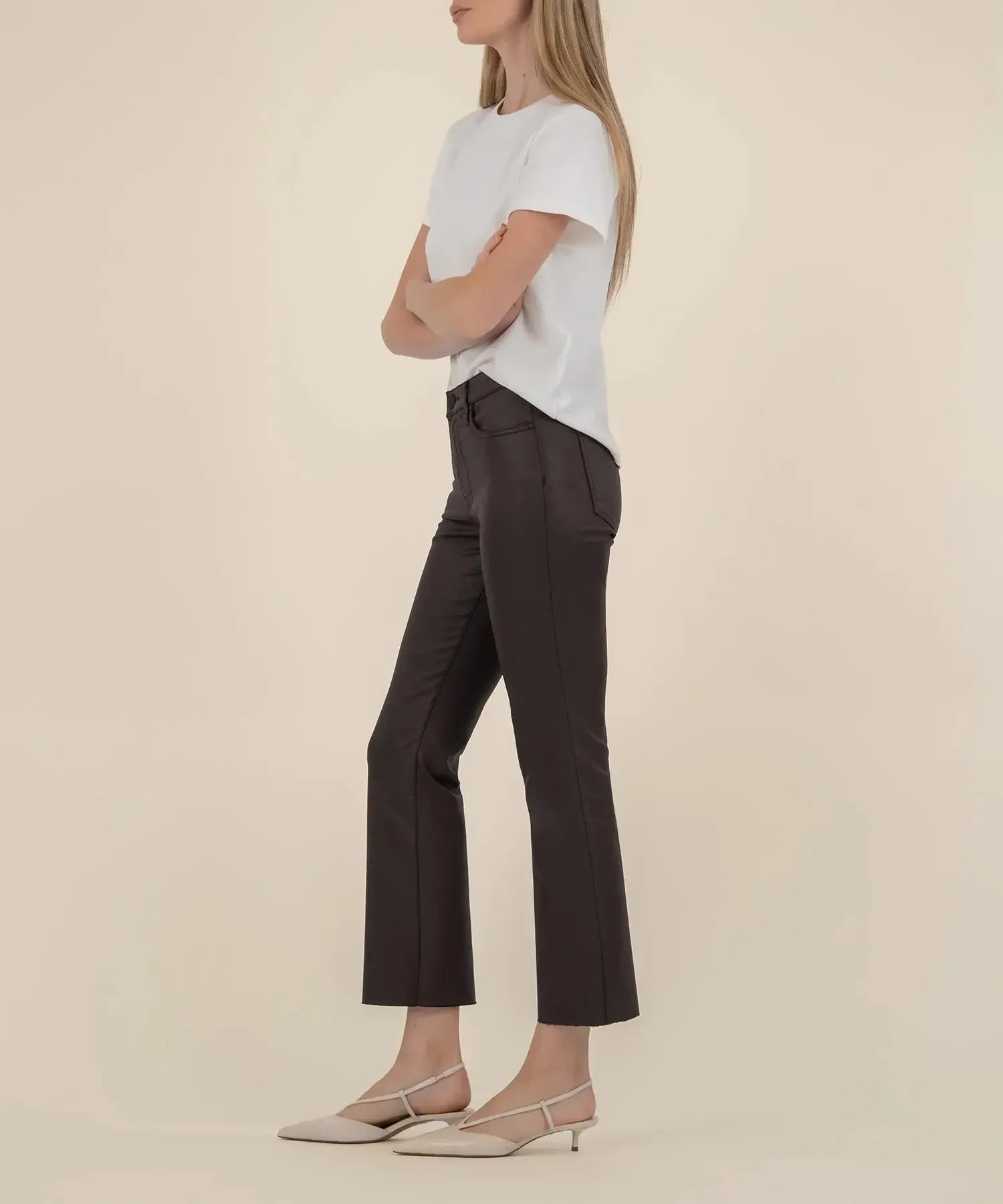 KUT Kelsey High Rise Ankle Flare- Chocolate-Hand In Pocket