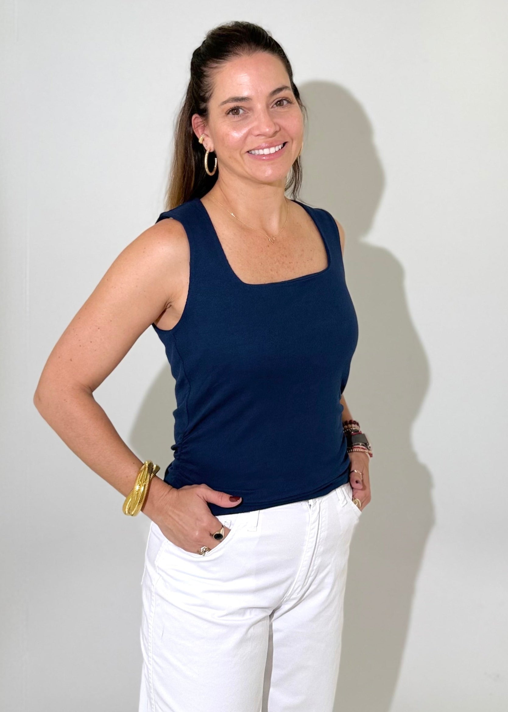 Michael Stars Maribel Square Neck Tank- Nocturnal-Hand In Pocket