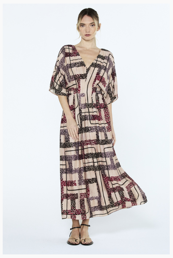 Ciebon Omalia Printed Maxi Dress - Tan Multi-Hand In Pocket