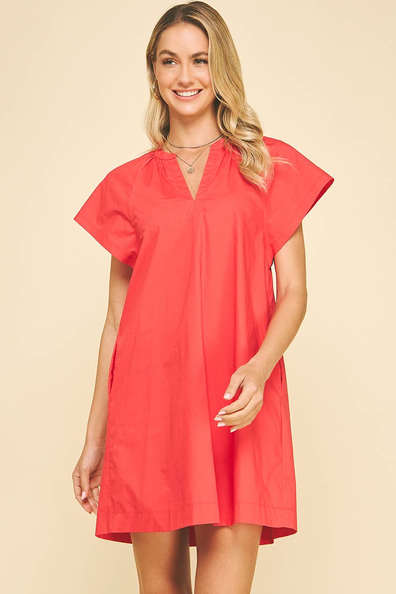 Saydee V Neck Mini Dress- Cherry Red-Hand In Pocket