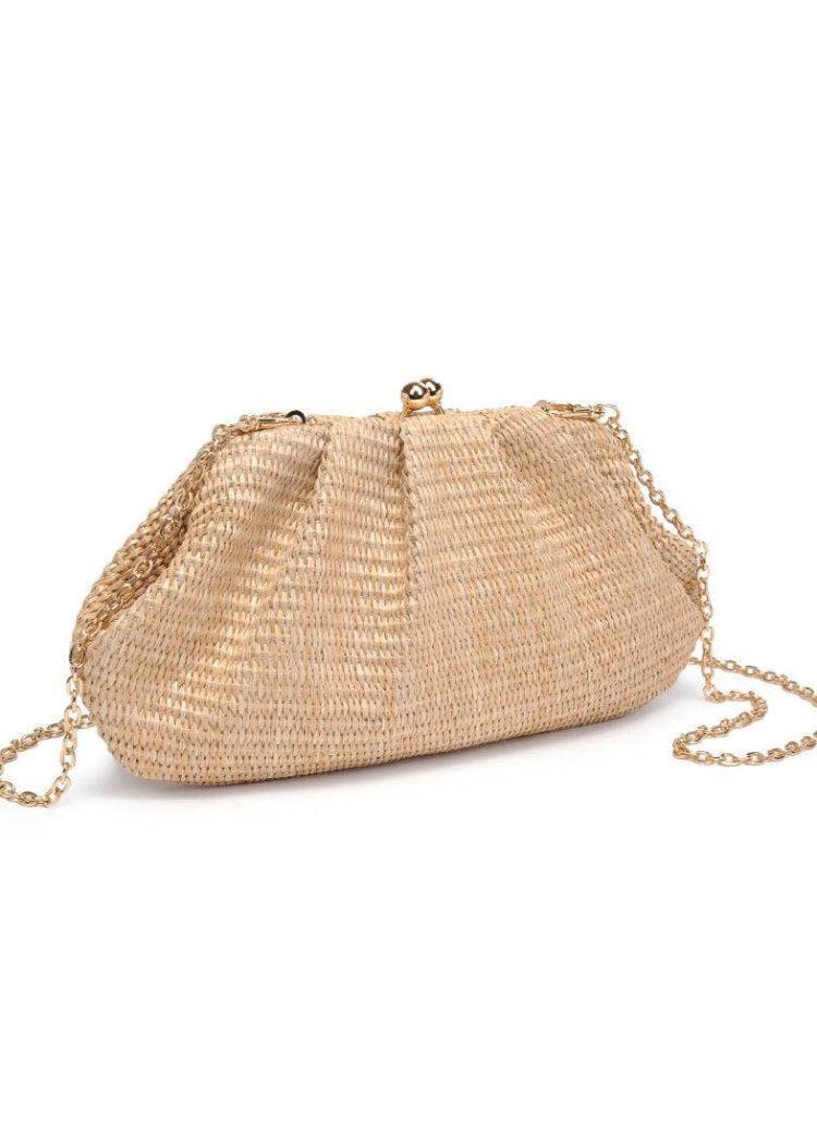 Triana Straw Frame Clutch: Natural-Hand In Pocket