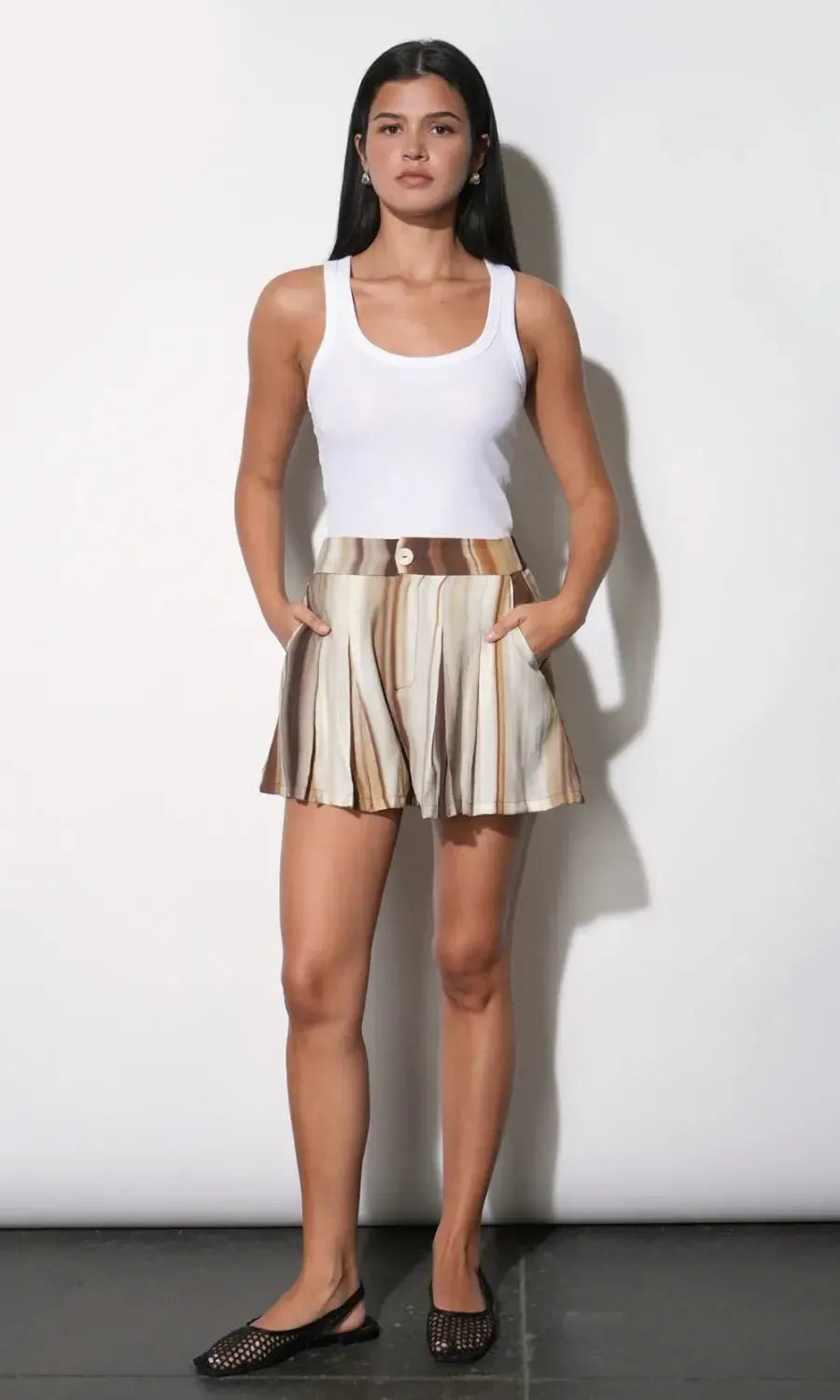 Greylin Valerie Watercolor Shorts - Mustard/Brown-Hand In Pocket