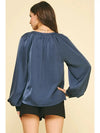 Kara V Neck Balloon Sleeve Blouse- Navy