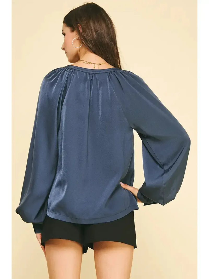 Kara V Neck Balloon Sleeve Blouse- Navy