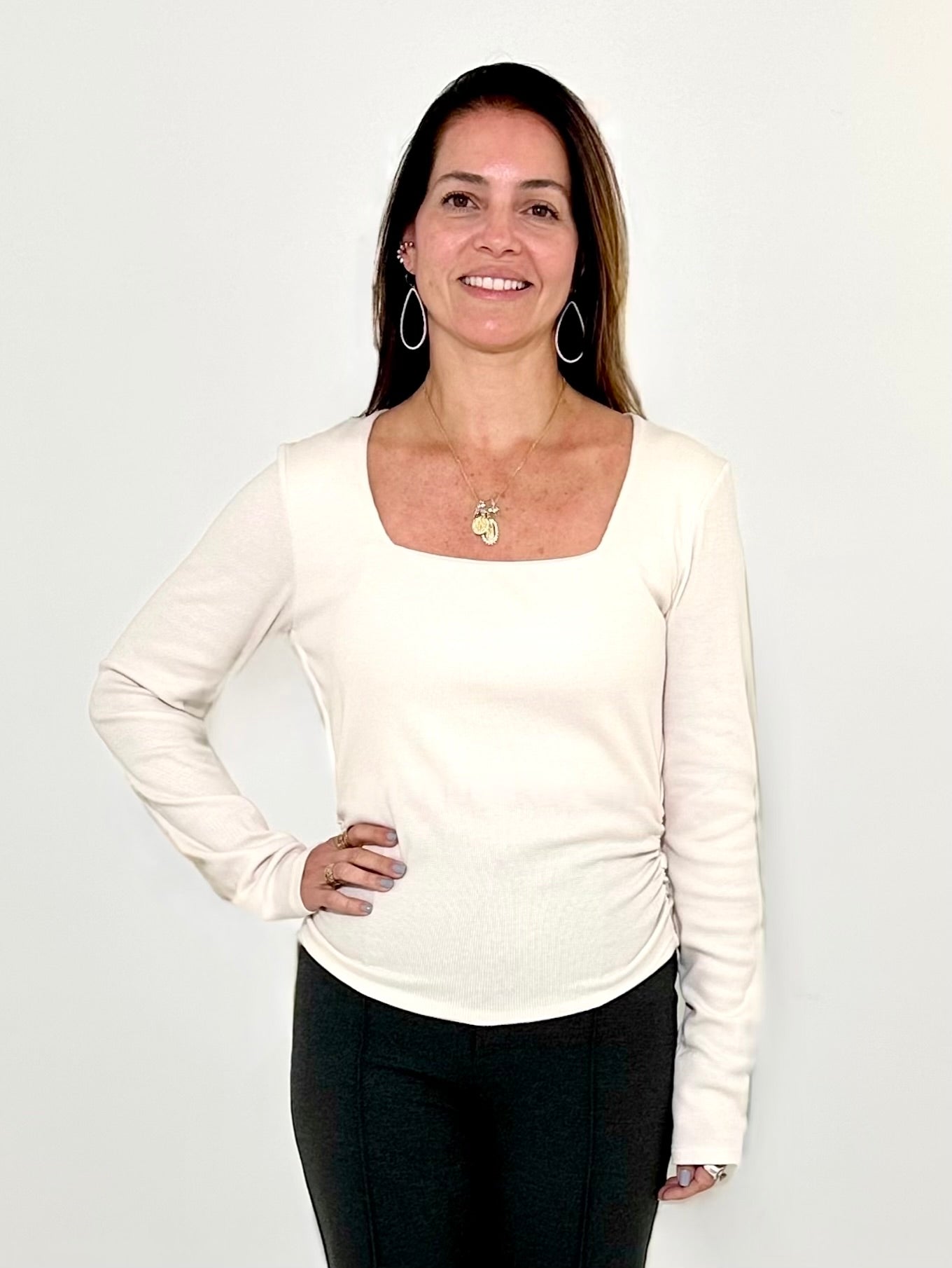 Michael Stars Sarah Square Neck LS - Chalk-Hand In Pocket