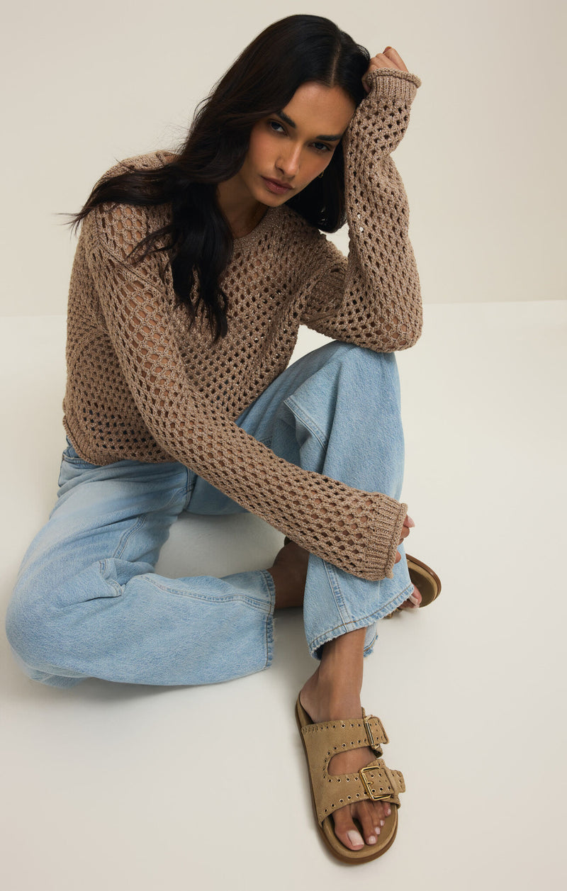 Z Supply Cala Crochet Sweater- Campfire-Hand In Pocket