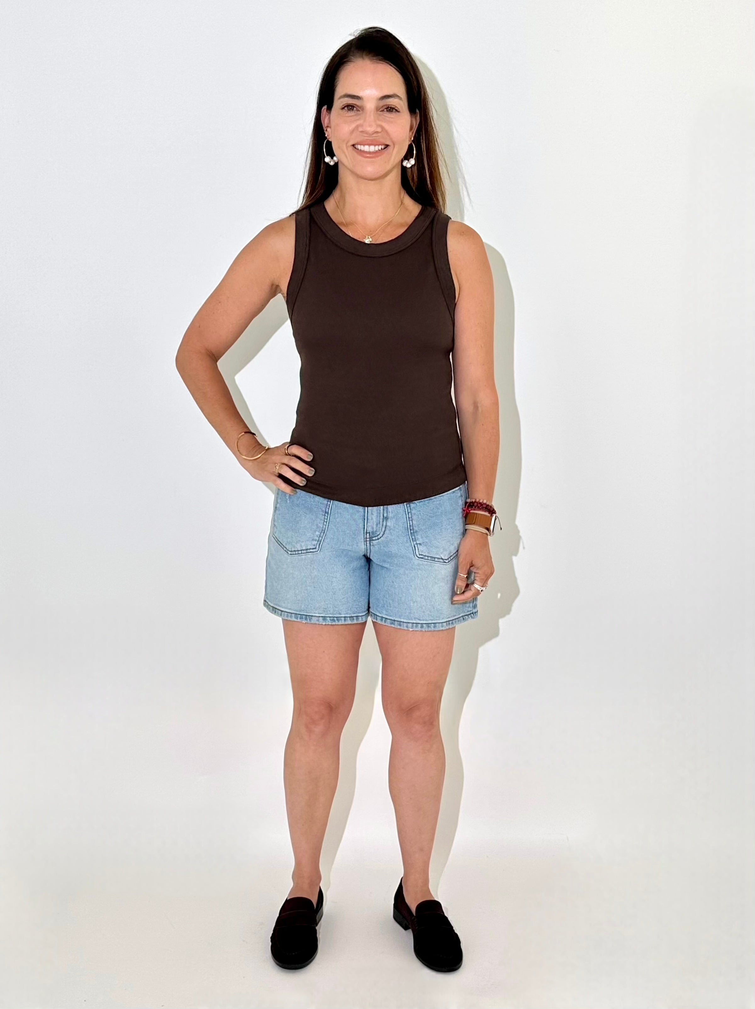 Michael Stars Gina Wide Binding Crop Tank - Molasses-Hand In Pocket