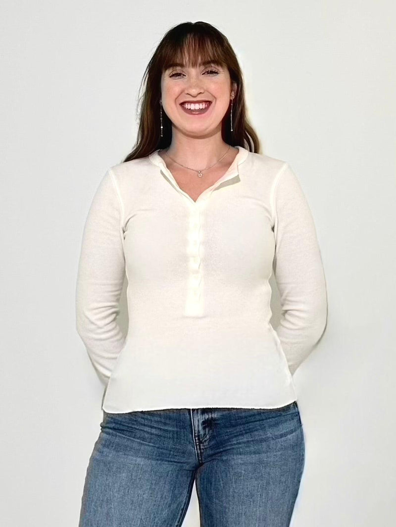 Bobi LS Button Placket Tee - Cream-Hand In Pocket