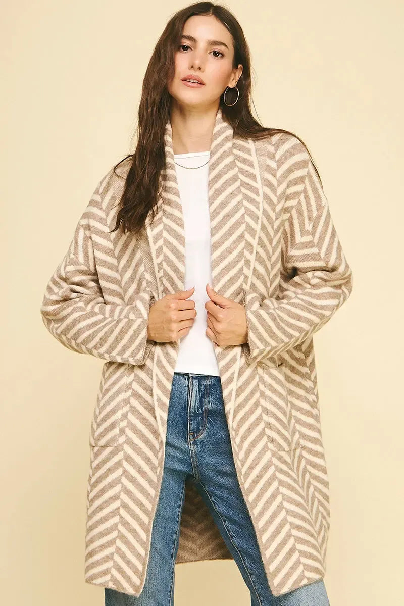 Nilan Diagonal Patterned Open Front Cardigan-Hand In Pocket