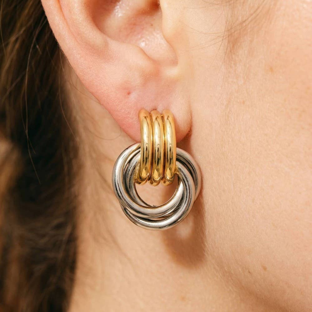 Remi Two Tone Multi Layered Link Dangle Earrings: Gold-Hand In Pocket