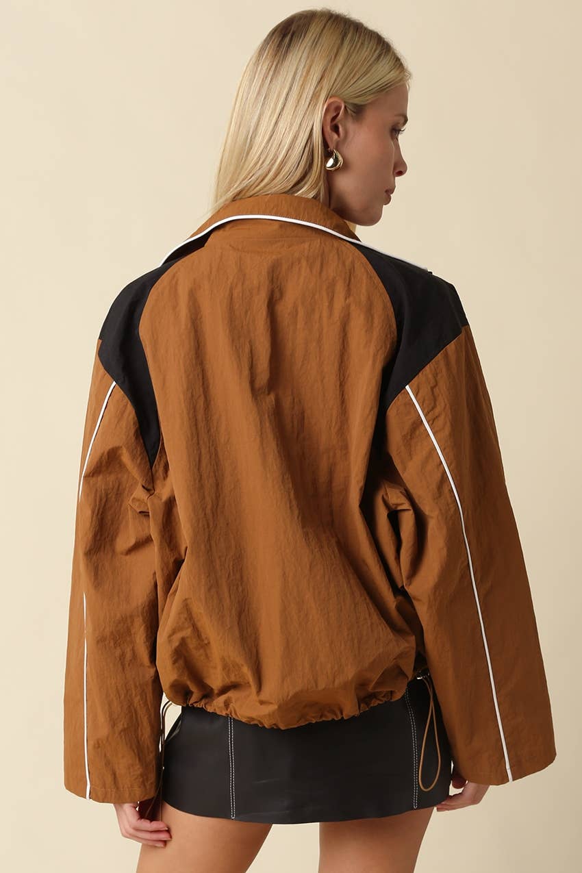 Eloise Contrast Panel Zip-Up Jacket - Camel Black-Hand In Pocket