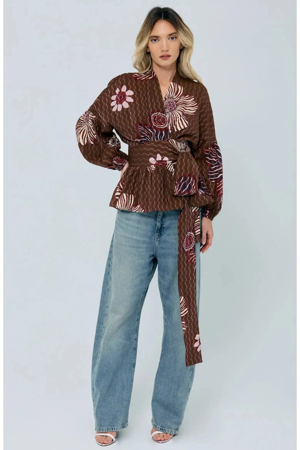 Ciebon Opal Floral Wrap Blouse - Brown Multi-Hand In Pocket