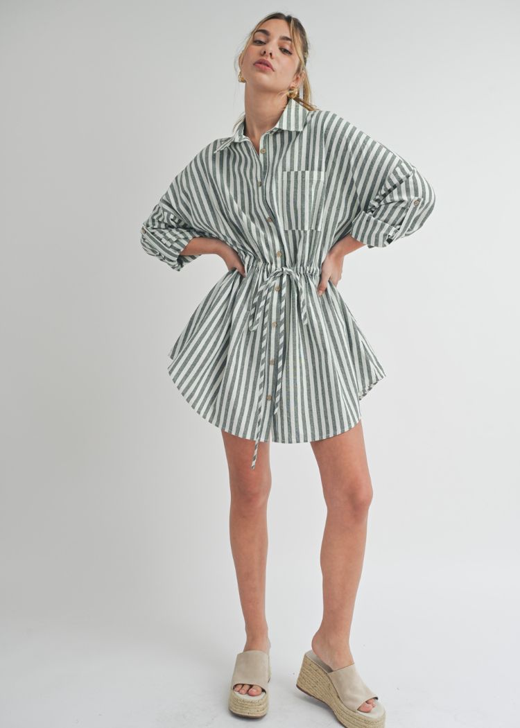 Charlotte Stripe Shirt Dress- Light Olive ***FINAL SALE***-Hand In Pocket