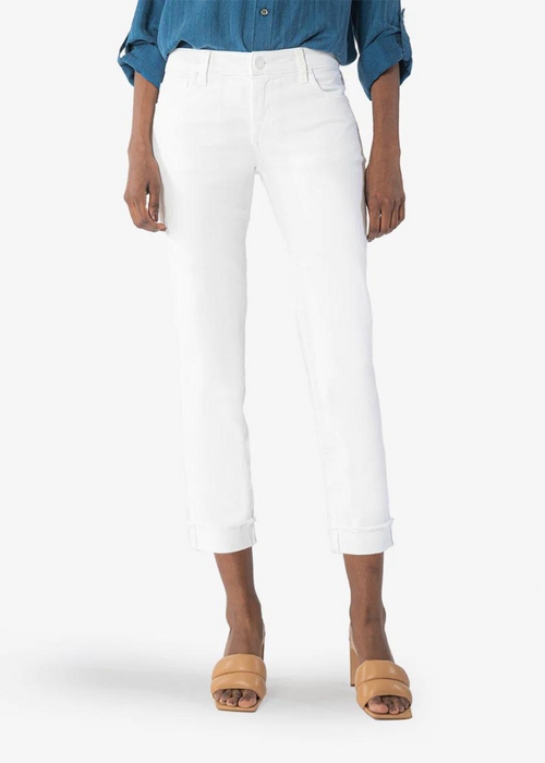 KUT Amy Crop Straight Leg Roll Up W/ Fray - Optic White-Hand In Pocket