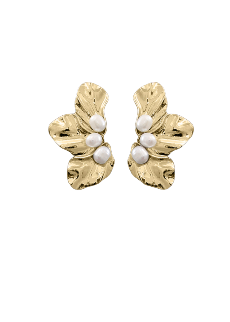 Lara Petal & Pearl Earrings - Gold/White-Hand In Pocket