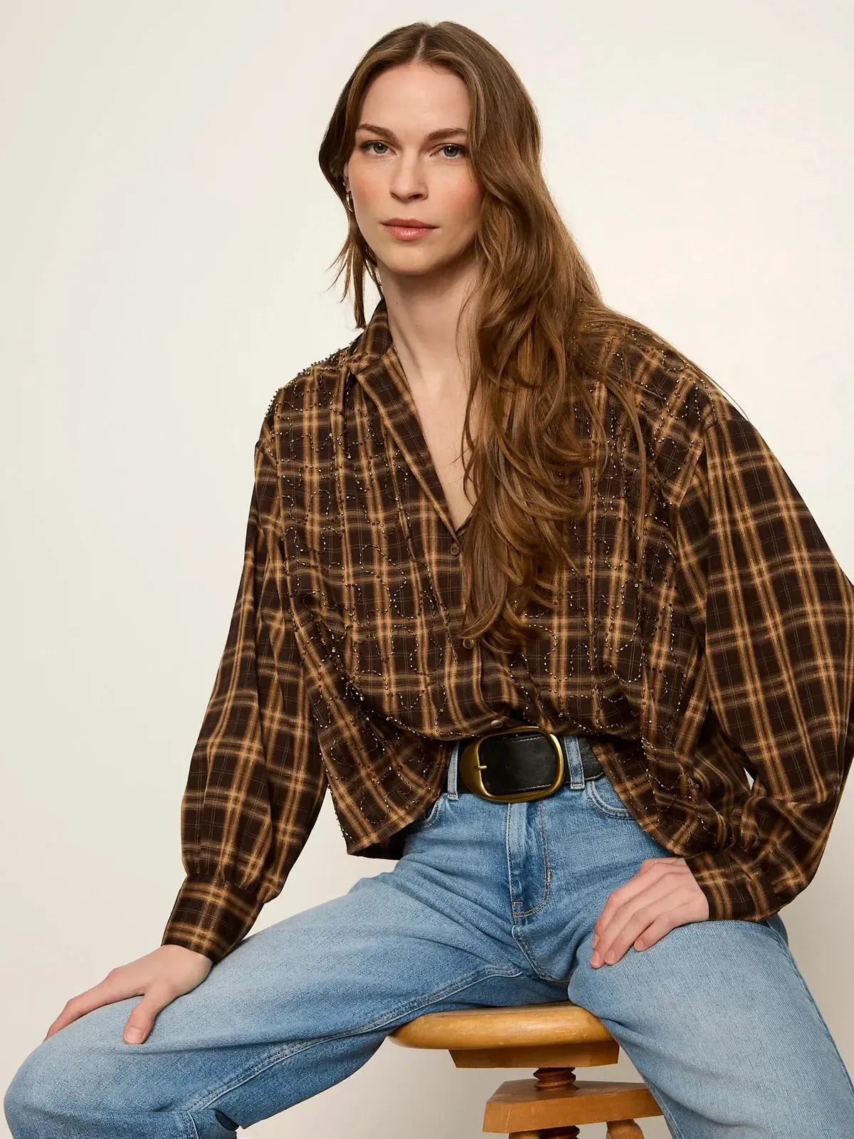 Sanctuary Avery Beaded Crop Shirt - Toffee Plaid-Hand In Pocket
