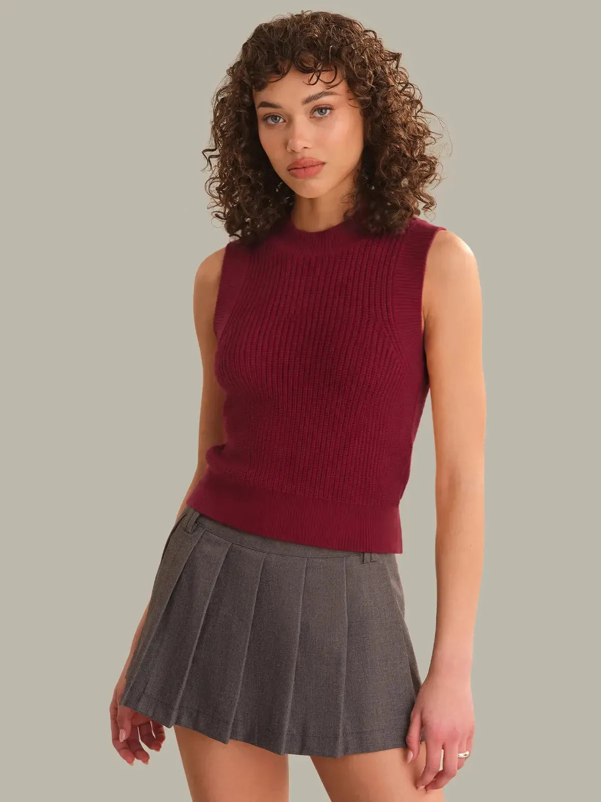 525 America Demi High Crew Neck Tank - Dark Cherry-Hand In Pocket