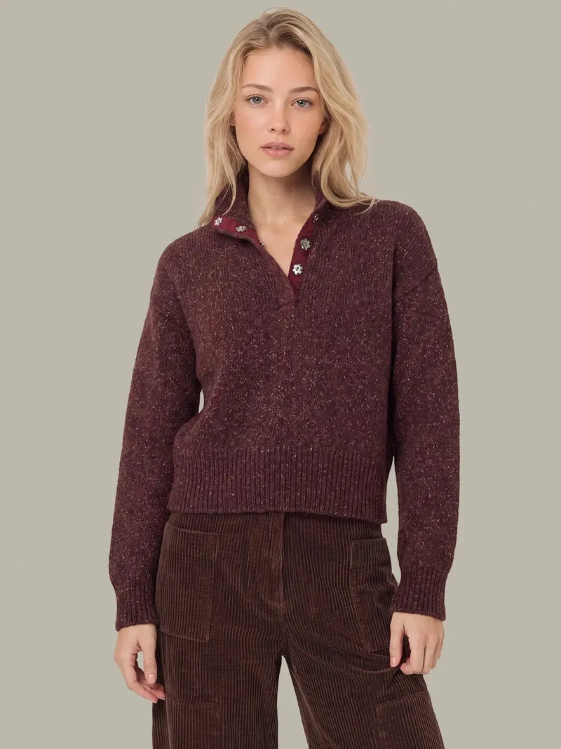 525 America Boxy Snap Front Henley - Italian Plum Melange-Hand In Pocket