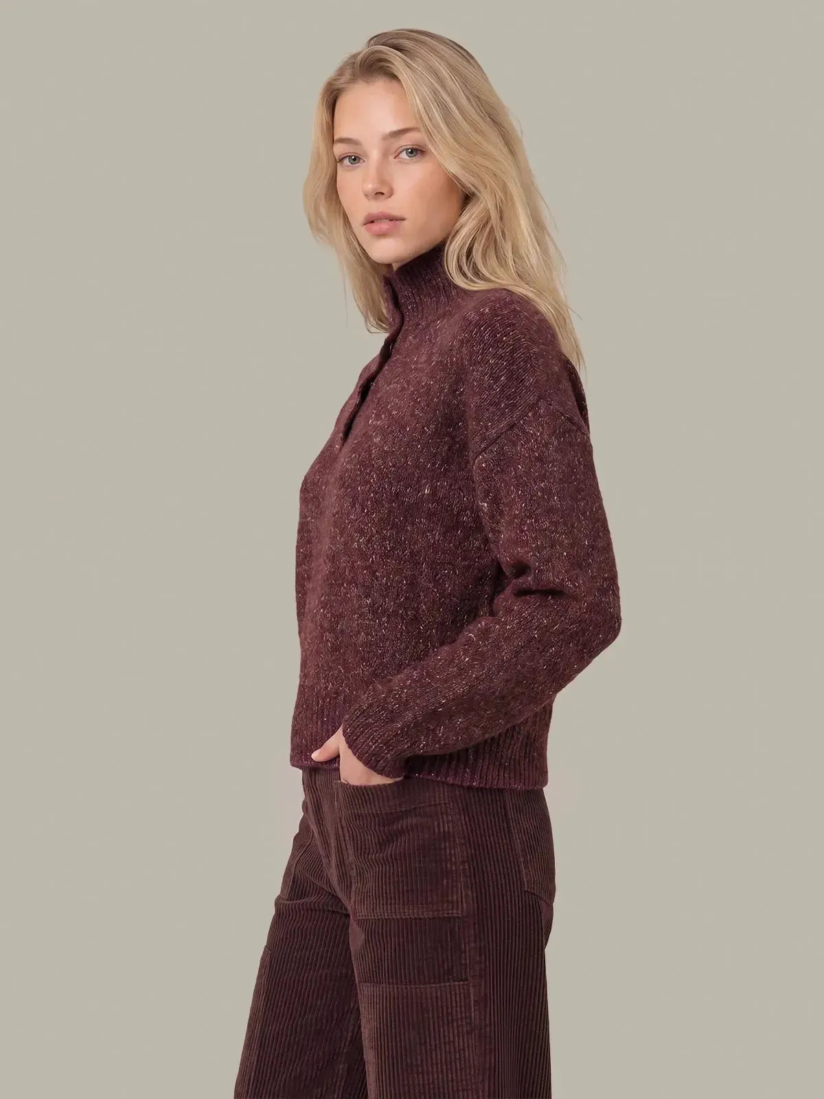 525 America Boxy Snap Front Henley - Italian Plum Melange-Hand In Pocket