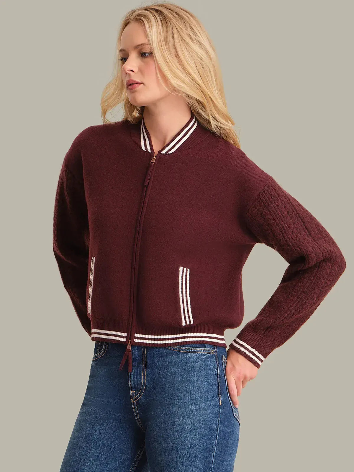 525 Flynn Cable Sleeve Bomber- Oxblood-Hand In Pocket