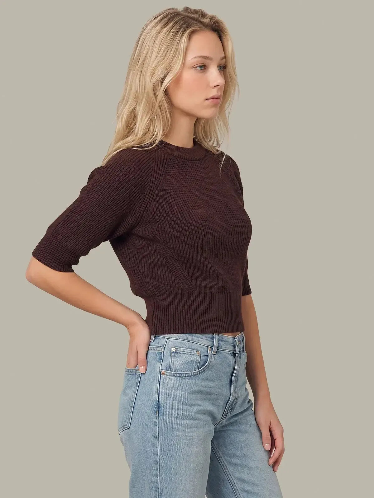 525 America Cornelia Ngineered Rib Crew - Chocolate Plum-Hand In Pocket