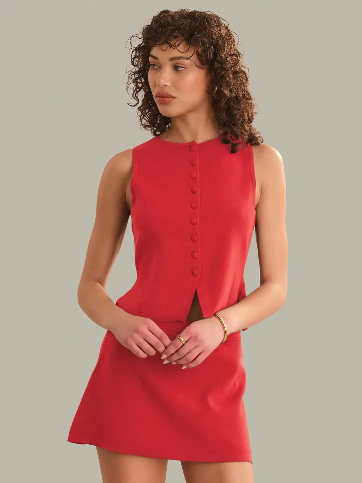 525 America Nicolette Fitted Button Front Vest - True Red-Hand In Pocket
