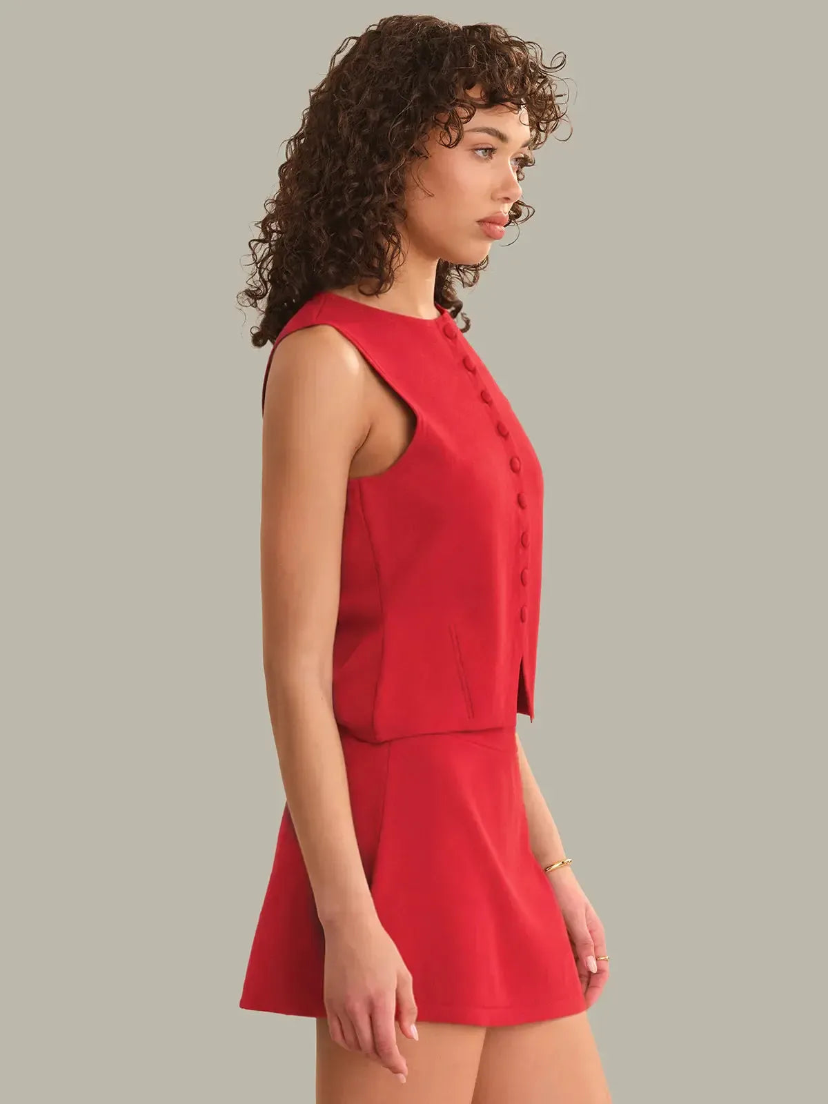 525 America Nicolette Fitted Button Front Vest - True Red-Hand In Pocket