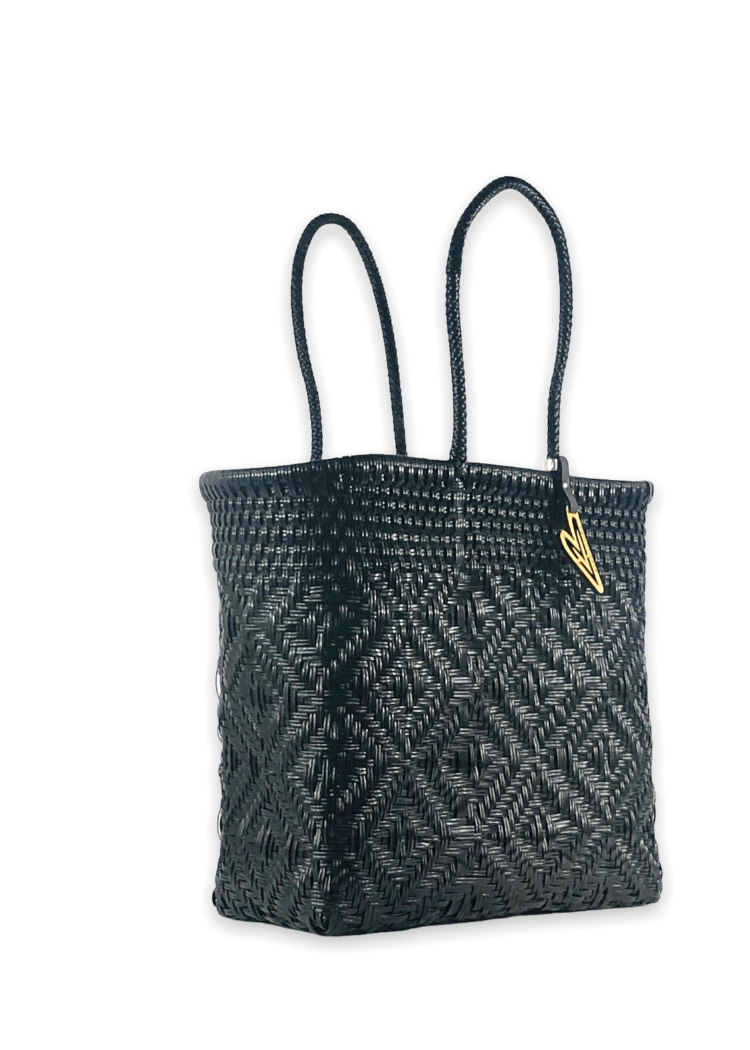 Maria Victoria Monochromatic Black Handwoven Tote- Medium-Hand In Pocket