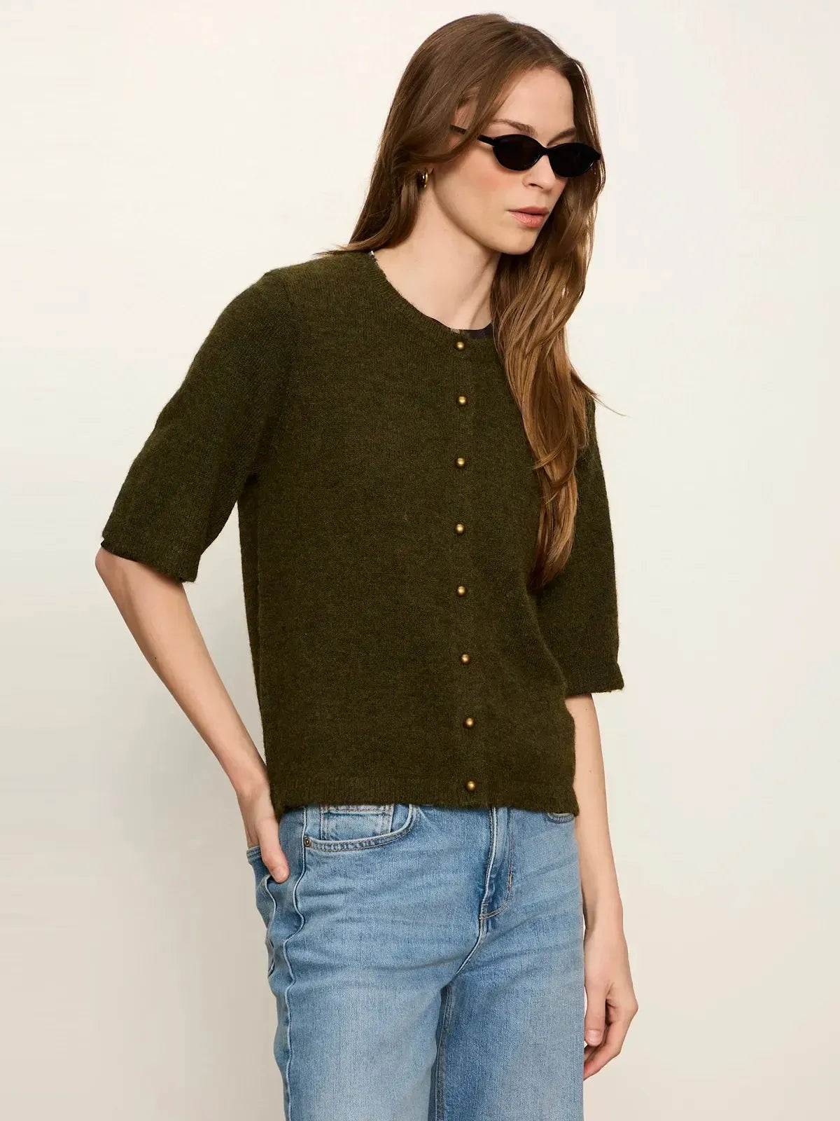 Sanctuary Short Sleeve Cardigan - Kalamata-Hand In Pocket