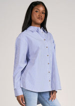 Elan Jenna L/S Button Down Shirt - Blue Stripe-Hand In Pocket