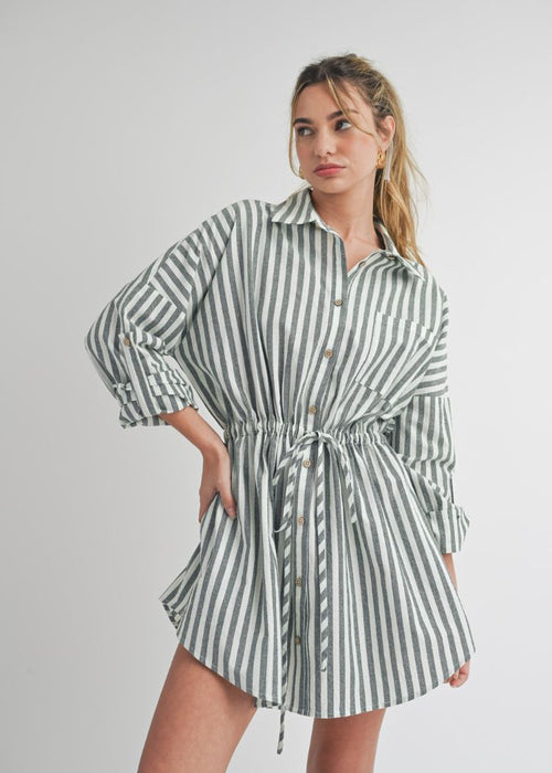Charlotte Stripe Shirt Dress- Light Olive-Hand In Pocket