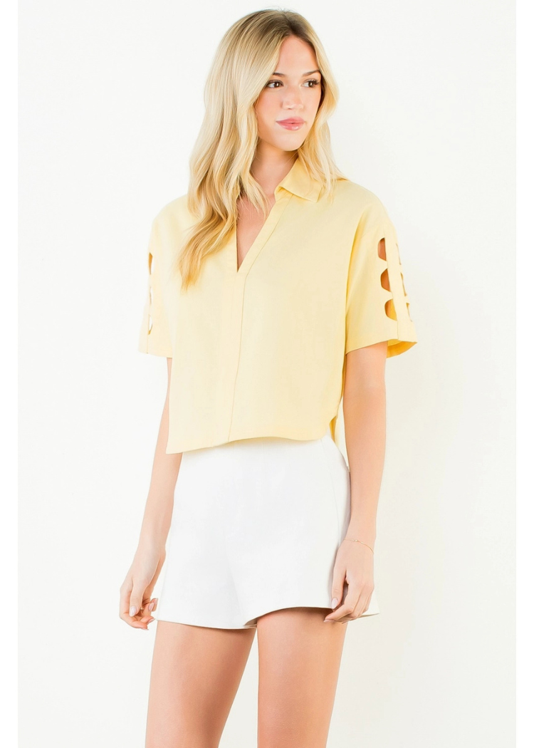 THML Talia V Neck Blouse- Yellow-Hand In Pocket