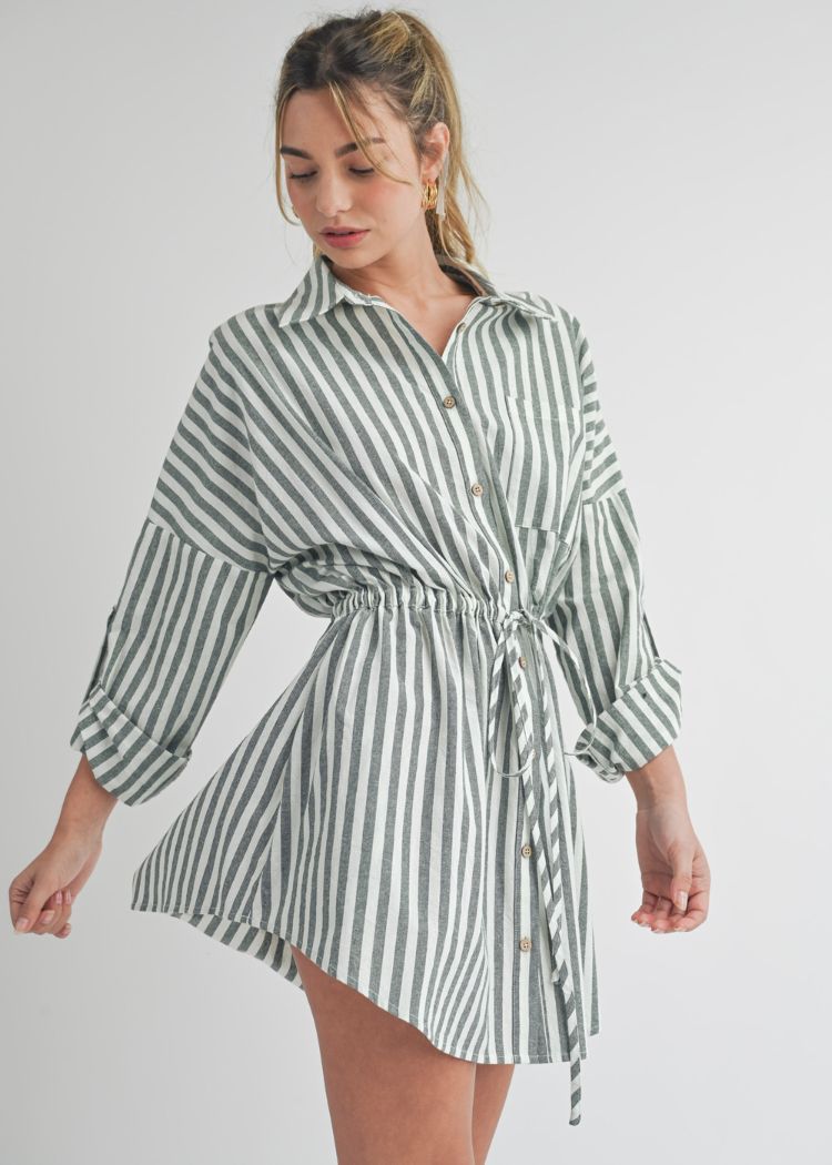 Charlotte Stripe Shirt Dress- Light Olive ***FINAL SALE***-Hand In Pocket