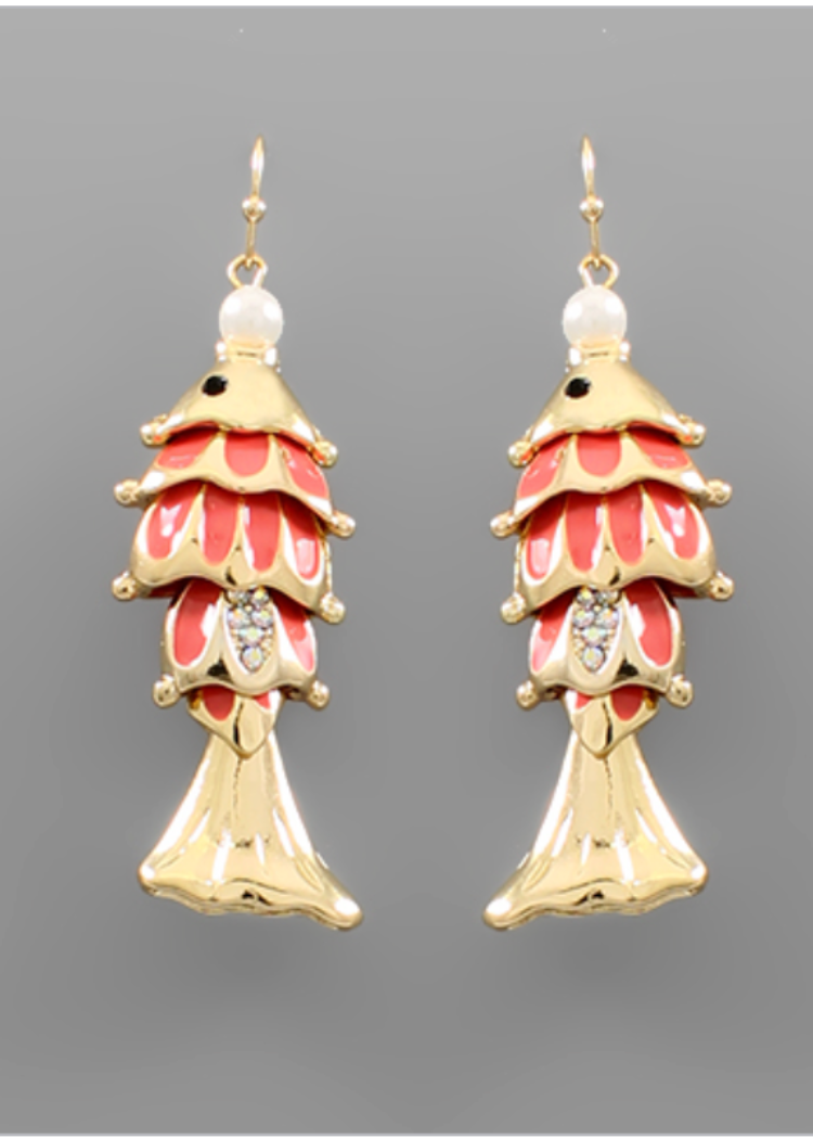 Alice Fish Dangle Earrings - Coral/Gold-Hand In Pocket