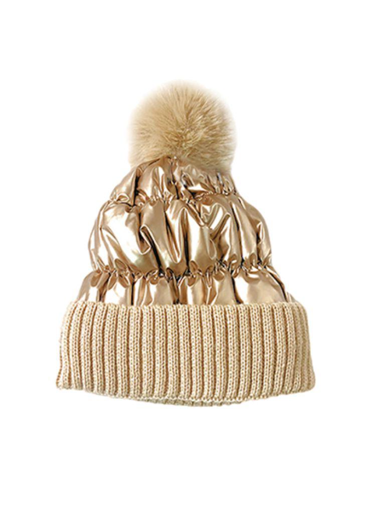 Chloe Metallic Fur Beanie- Gold-Hand In Pocket